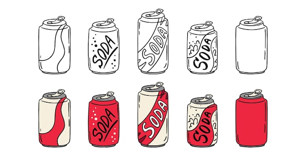 El icono de la lata de soda de aluminio rojo retro puede garabatear el icono dibujado a mano del dibujo del contorno del icono del clipart de la lata.