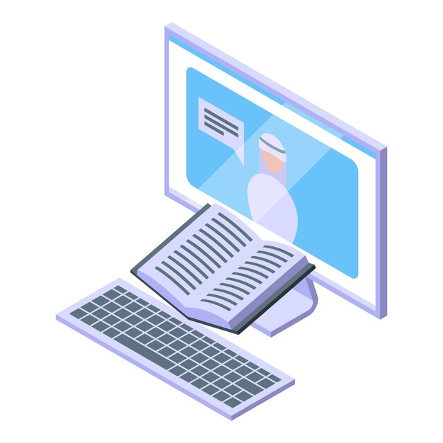 Icono de la lección de computadora árabe vector isométrico video estudiante musulmán saudí
