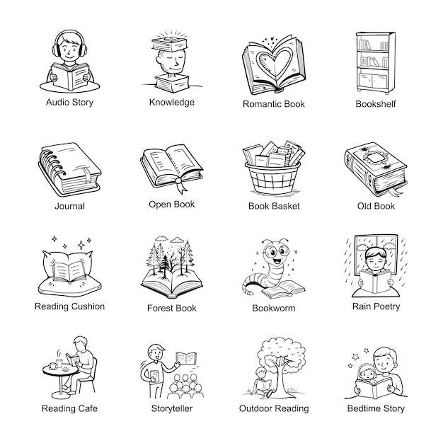 Icono de lectura de la biblioteca en estilo boceto