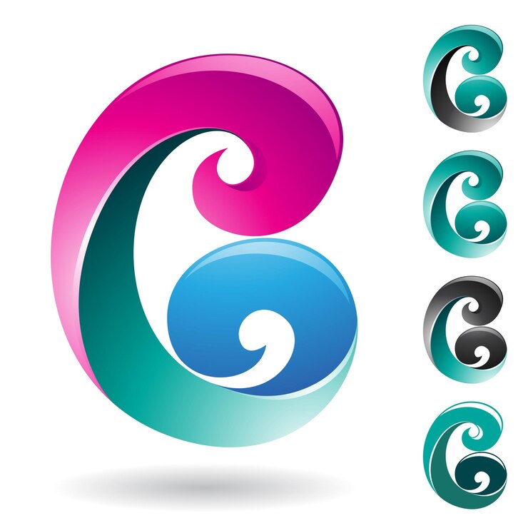 Vector icono de letra c o b en capas verde magenta y azul con puntas rizadas