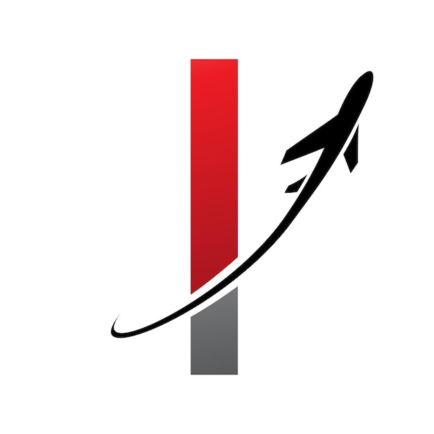 Icono de letra I futurista roja y negra con un avión sobre un fondo blanco