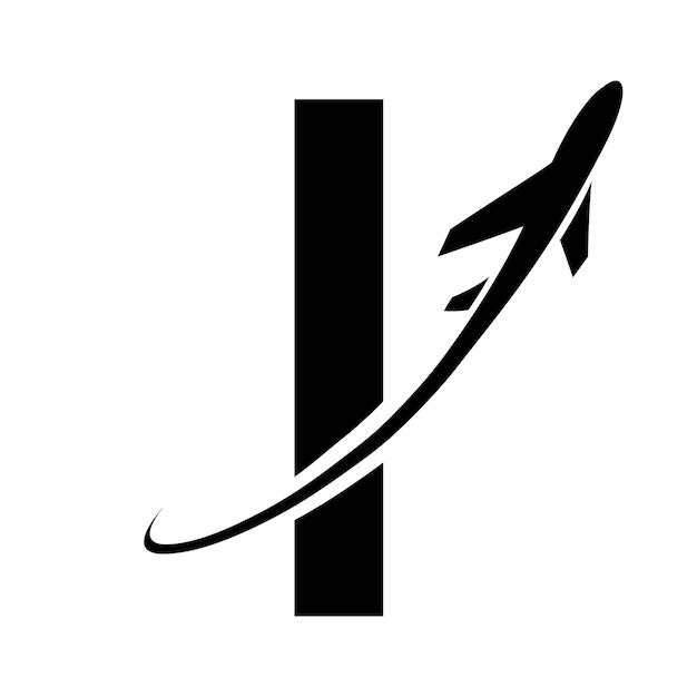 Vector icono de letra i mayúscula negra con un avión sobre fondo blanco