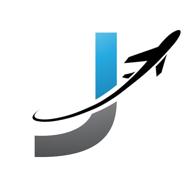 Icono de la letra J en mayúscula azul y negra con un avión sobre un fondo blanco