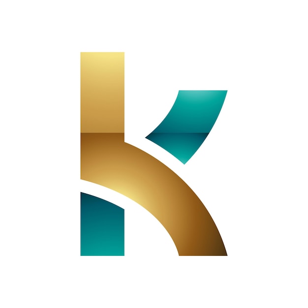 Icono de la letra K minúscula brillante verde y dorado persa con caminos superpuestos sobre un fondo blanco
