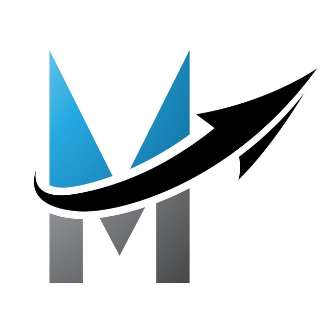 Icono de la letra M futurista azul y negra con una flecha sobre un fondo blanco
