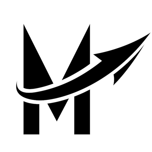 Icono de la letra M futurista negra con una flecha sobre un fondo blanco