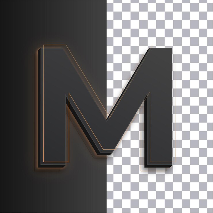 Vector icono de letra m oscura personalizable con líneas de brillo dorado en un fondo transparente