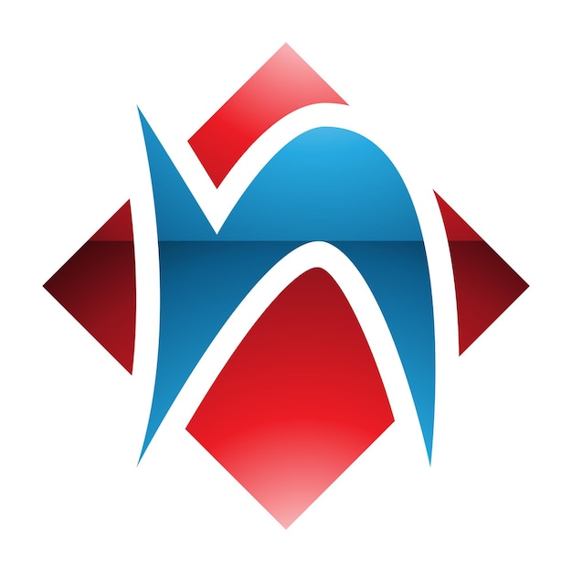 Icono de la letra N brillante roja y azul con forma de diamante cuadrado