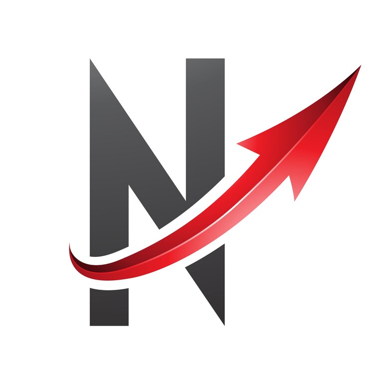 Vector icono de la letra n futurista roja y negra con una flecha brillante
