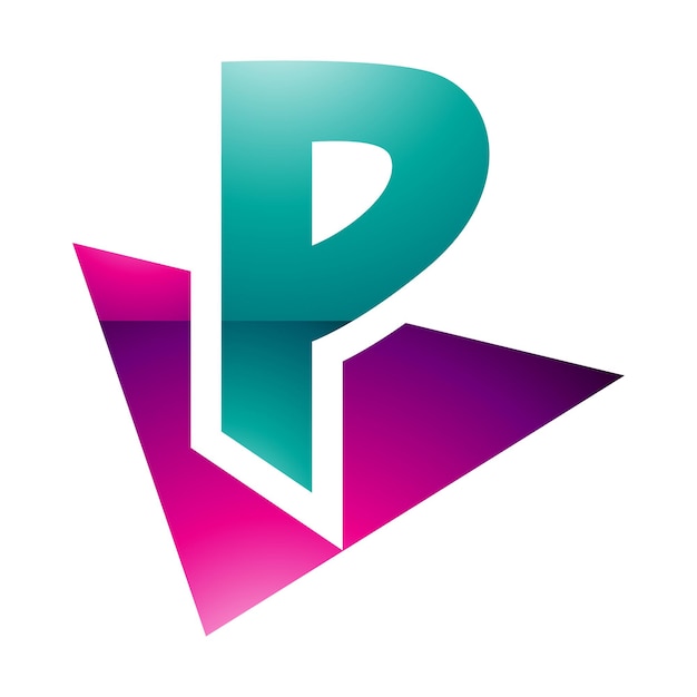 Vector icono de la letra p brillante magenta y verde con un triángulo