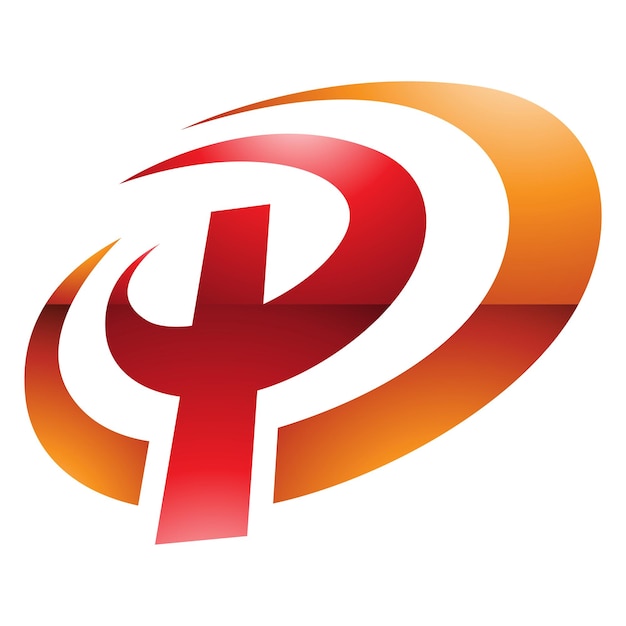 Icono de letra P con forma ovalada brillante de color naranja y rojo sobre un fondo blanco