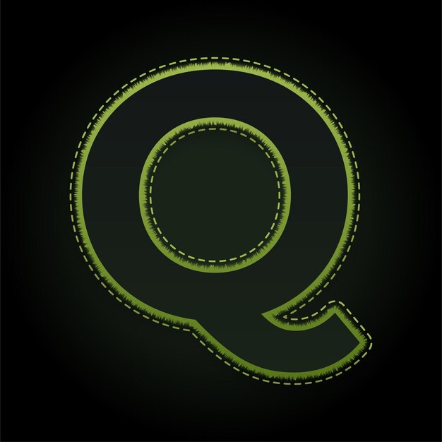 Icono de letra Q de neón verde en relieve con fondo oscuro editable