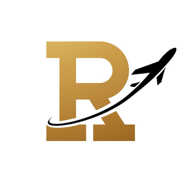 Icono de la letra R antigua de oro y negro con un avión sobre un fondo blanco