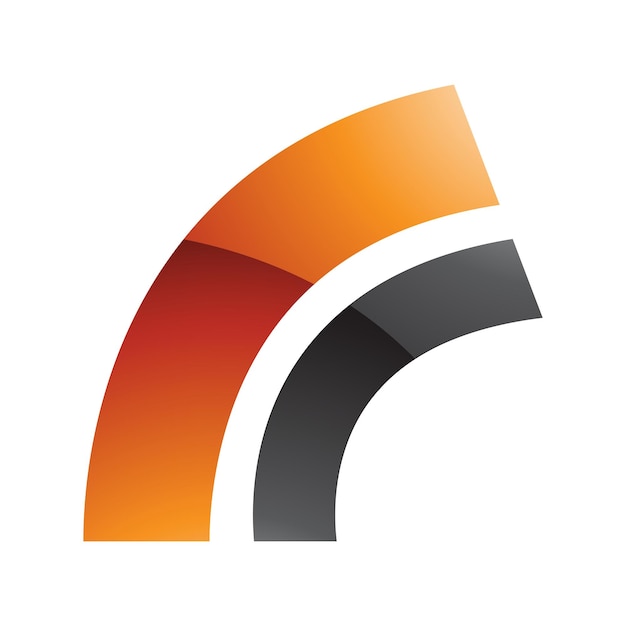 Icono de la letra R en forma de arco brillante naranja y negro sobre un fondo blanco