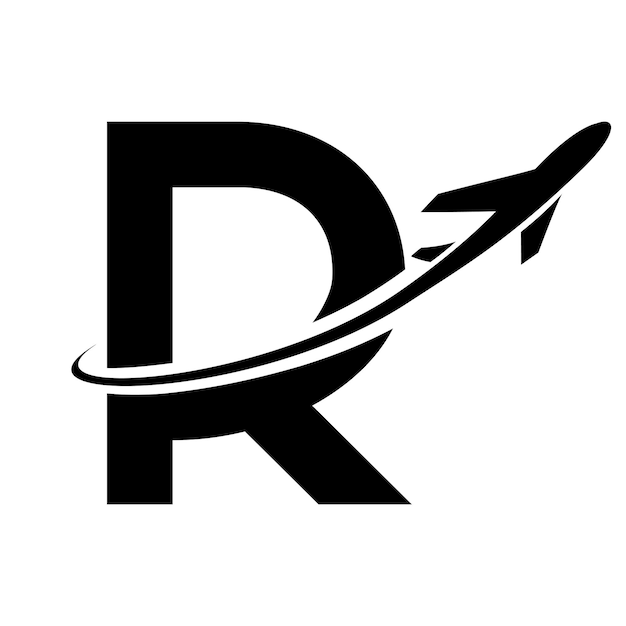 Icono de letra R mayúscula negra con un avión sobre fondo blanco