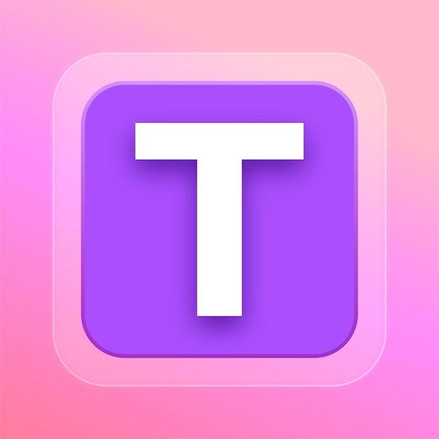 Icono de la letra T con efecto de vidrio púrpura pulido con fondo editable