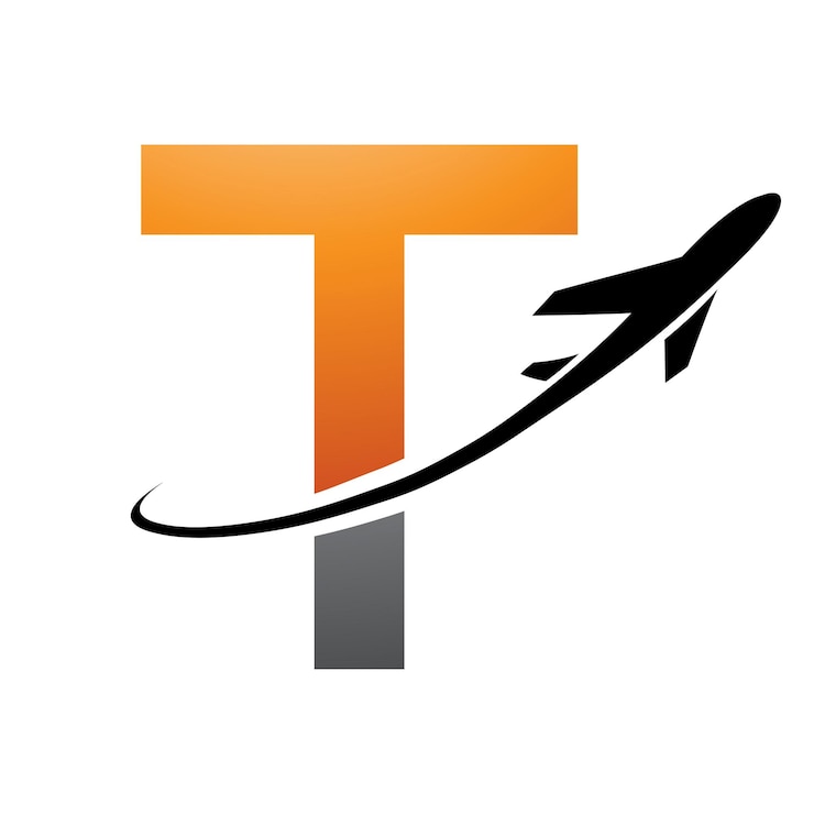 Vector icono de la letra t en mayúscula naranja y negra con un avión sobre un fondo blanco