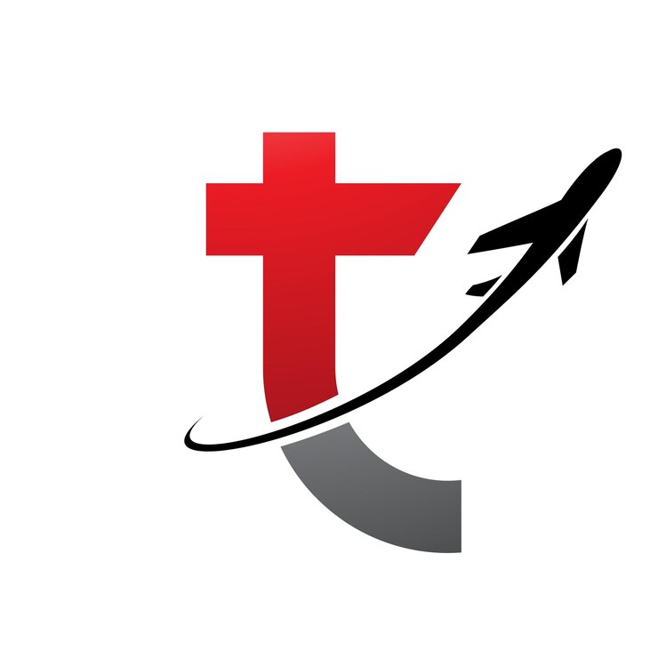 Vector icono de la letra t minúscula roja y negra con un avión sobre un fondo blanco