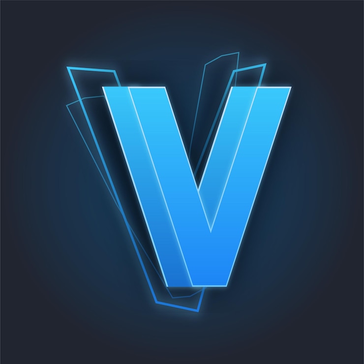 Vector icono de la letra v con fondo oscuro con efecto de trueno de iluminación azul