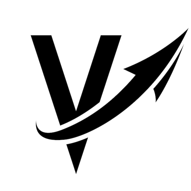 Icono de la letra V futurista negra con una flecha sobre un fondo blanco