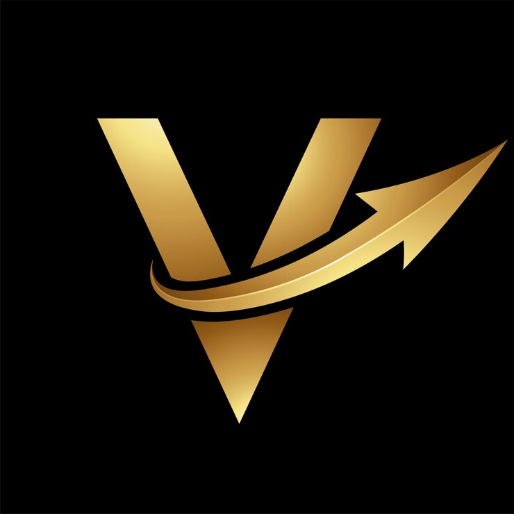 Vector icono de la letra v mayúscula dorada con una flecha brillante sobre un fondo negro