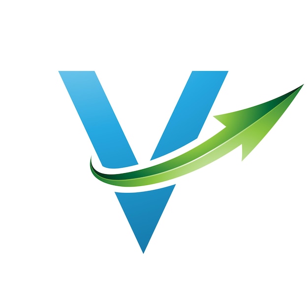 Icono de la letra V en mayúsculas azul y verde con una flecha brillante sobre un fondo blanco