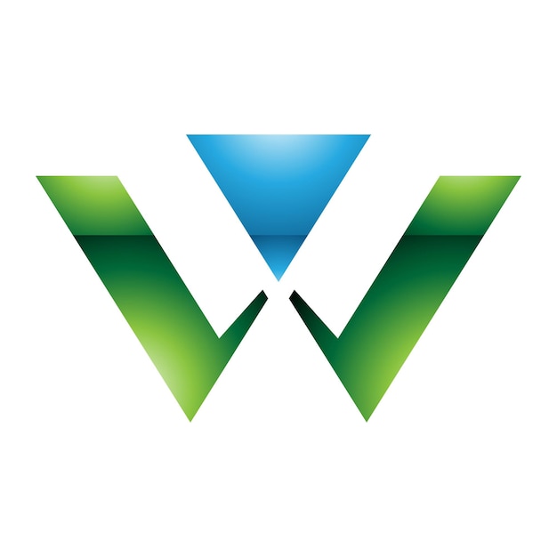Icono de la letra W en forma de triángulo brillante verde y azul