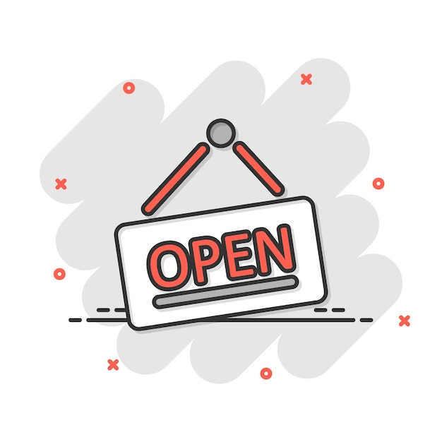 Icono de letrero abierto en estilo cómico Accesibilidad ilustración vectorial de dibujos animados en fondo blanco aislado Efecto de salpicaduras de mensaje concepto de negocio