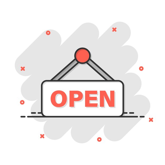 Icono de letrero abierto en estilo cómico Accesibilidad ilustración vectorial de dibujos animados en fondo blanco aislado Efecto de salpicaduras de mensaje concepto de negocio