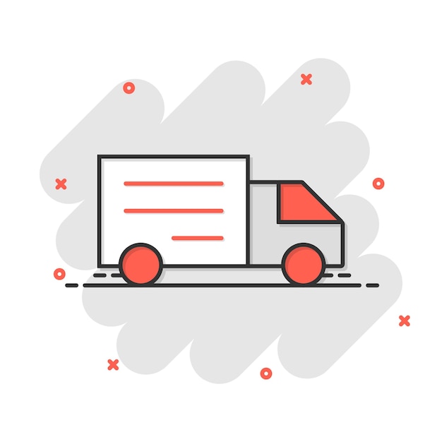 Icono de letrero de camión de entrega en estilo cómico Ilustración de dibujos animados vectoriales de furgoneta en fondo blanco aislado Efecto de salpicadura del concepto de negocio de automóviles de carga
