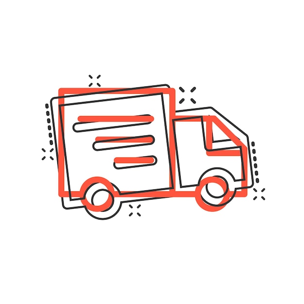 Icono de letrero de camión de entrega en estilo cómico Ilustración de dibujos animados vectoriales de furgoneta en fondo blanco aislado Efecto de salpicadura del concepto de negocio de automóviles de carga
