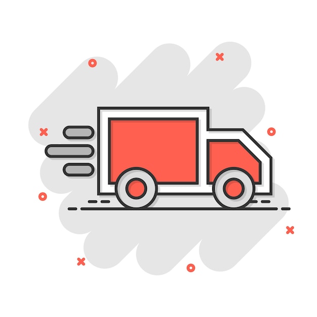 Icono de letrero de camión de entrega en estilo cómico Ilustración de dibujos animados vectoriales de furgoneta en fondo blanco aislado Efecto de salpicadura del concepto de negocio de automóviles de carga