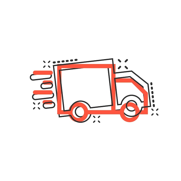 Icono de letrero de camión de entrega en estilo cómico Ilustración de dibujos animados vectoriales de furgoneta en fondo blanco aislado Efecto de salpicadura del concepto de negocio de automóviles de carga