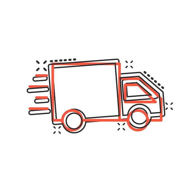 Icono de letrero de camión de entrega en estilo cómico Ilustración de dibujos animados vectoriales de furgoneta en fondo blanco aislado Efecto de salpicadura del concepto de negocio de automóviles de carga