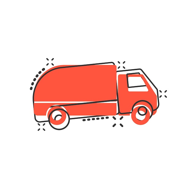 Icono de letrero de camión de entrega en estilo cómico Ilustración de dibujos animados vectoriales de furgoneta en fondo blanco aislado Efecto de salpicadura del concepto de negocio de automóviles de carga