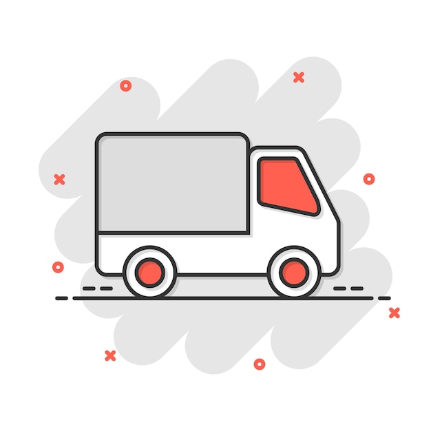 Icono de letrero de camión de entrega en estilo cómico Ilustración de dibujos animados vectoriales de furgoneta en fondo blanco aislado Efecto de salpicadura del concepto de negocio de automóviles de carga