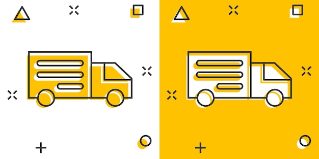 Icono de letrero de camión de entrega en estilo cómico Ilustración de dibujos animados vectoriales de furgoneta en fondo blanco aislado Efecto de salpicadura del concepto de negocio de automóviles de carga