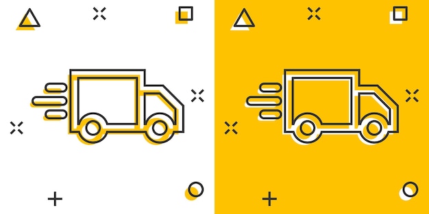 Icono de letrero de camión de entrega en estilo cómico Ilustración de dibujos animados vectoriales de furgoneta en fondo blanco aislado Efecto de salpicadura del concepto de negocio de automóviles de carga