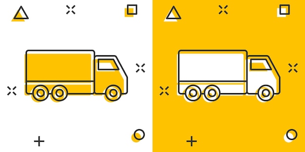 Icono de letrero de camión de entrega en estilo cómico Ilustración de dibujos animados vectoriales de furgoneta en fondo blanco aislado Efecto de salpicadura del concepto de negocio de automóviles de carga