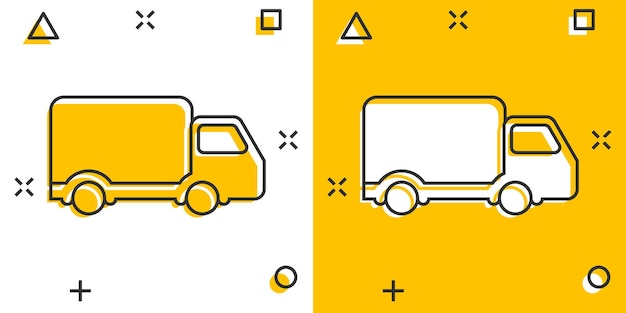 Icono de letrero de camión de entrega en estilo cómico Ilustración de dibujos animados vectoriales de furgoneta en fondo blanco aislado Efecto de salpicadura del concepto de negocio de automóviles de carga