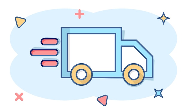 Icono de letrero de camión de entrega en estilo cómico Ilustración de dibujos animados vectoriales de furgoneta en fondo blanco aislado Efecto de salpicadura del concepto de negocio de automóviles de carga