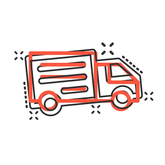 Icono de letrero de camión de entrega en estilo cómico Ilustración de dibujos animados vectoriales de furgoneta en fondo blanco aislado Efecto de salpicadura del concepto de negocio de automóviles de carga