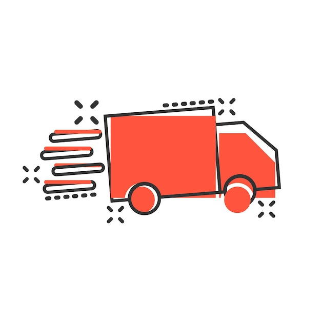 Icono de letrero de camión de entrega en estilo cómico Ilustración de dibujos animados vectoriales de furgoneta en fondo blanco aislado Efecto de salpicadura del concepto de negocio de automóviles de carga