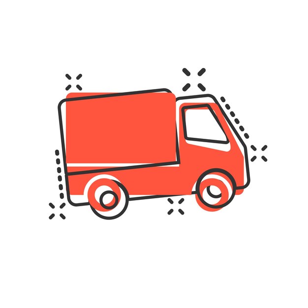 Icono de letrero de camión de entrega en estilo cómico Ilustración de dibujos animados vectoriales de furgoneta en fondo blanco aislado Efecto de salpicadura del concepto de negocio de automóviles de carga