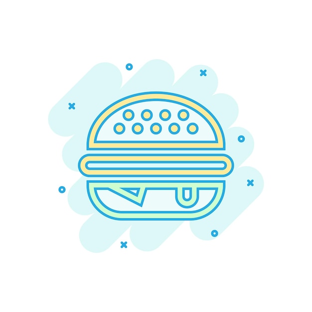 Icono de letrero de hamburguesa en estilo cómico Ilustración de dibujos animados vectoriales de hamburguesa en fondo blanco aislado Efecto de salpicadura del concepto de negocio de Cheeseburger
