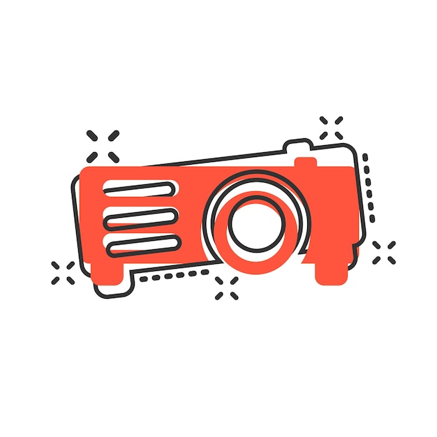 Icono de letrero de video proyector en estilo cómico Dispositivo de presentación de cine Ilustración de dibujos animados vectoriales en fondo blanco aislado Efecto de salpicadura del concepto de negocio de la conferencia