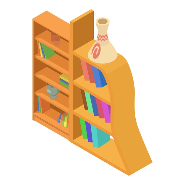Icono de librería vector isométrico Librería de madera con icono de libro multicolor Muebles para el hogar interior moderno