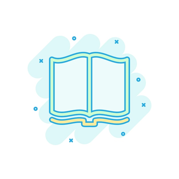 Icono de libro abierto en estilo cómico Ilustración de dibujos animados vectoriales de literatura en fondo blanco aislado Efecto de salpicadura del concepto de negocio de la biblioteca