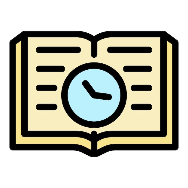 Icono de libro abierto y hora Contorno de libro abierto e icono vectorial de tiempo Color plano aislado