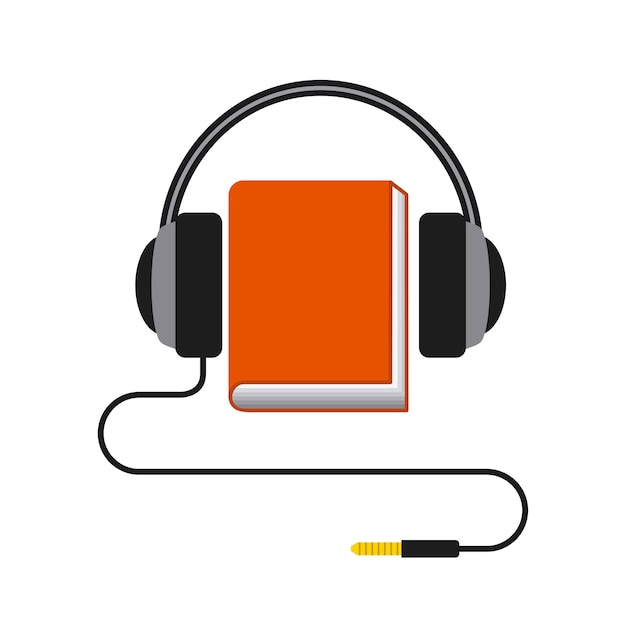 Icono de libro y auriculares. Diseño de audiolibros. Gráfico vectorial